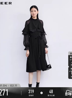 sdeer圣迪奥春秋装女装圆领网纱收腰不规则长袖连衣裙S223Z128U