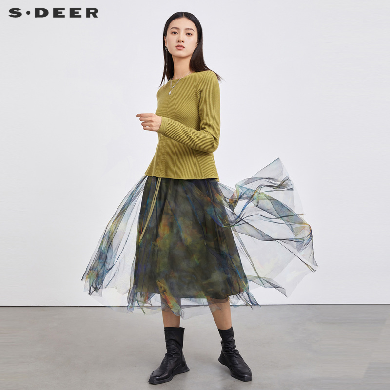 s.deer印花网纱针织衫连衣裙套装