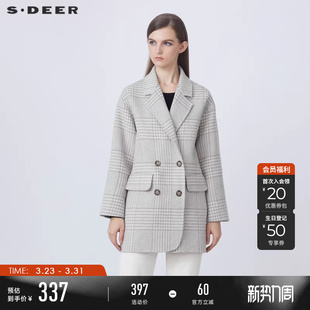 双面呢西装 通勤格纹中长款 大衣S21481707 女装 sdeer圣迪奥冬季