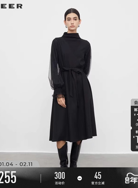 sdeer圣迪奥春秋装女装高领收腰网纱拼接花边连衣裙S233D1215