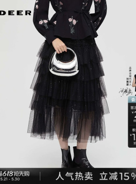 sdeer圣迪奥女装春秋装时尚松紧高腰抽褶网纱蛋糕长裙S253Z1149