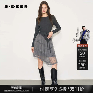 sdeer圣迪奥2026秋装新款圆领抽褶拼接网纱长袖连衣裙