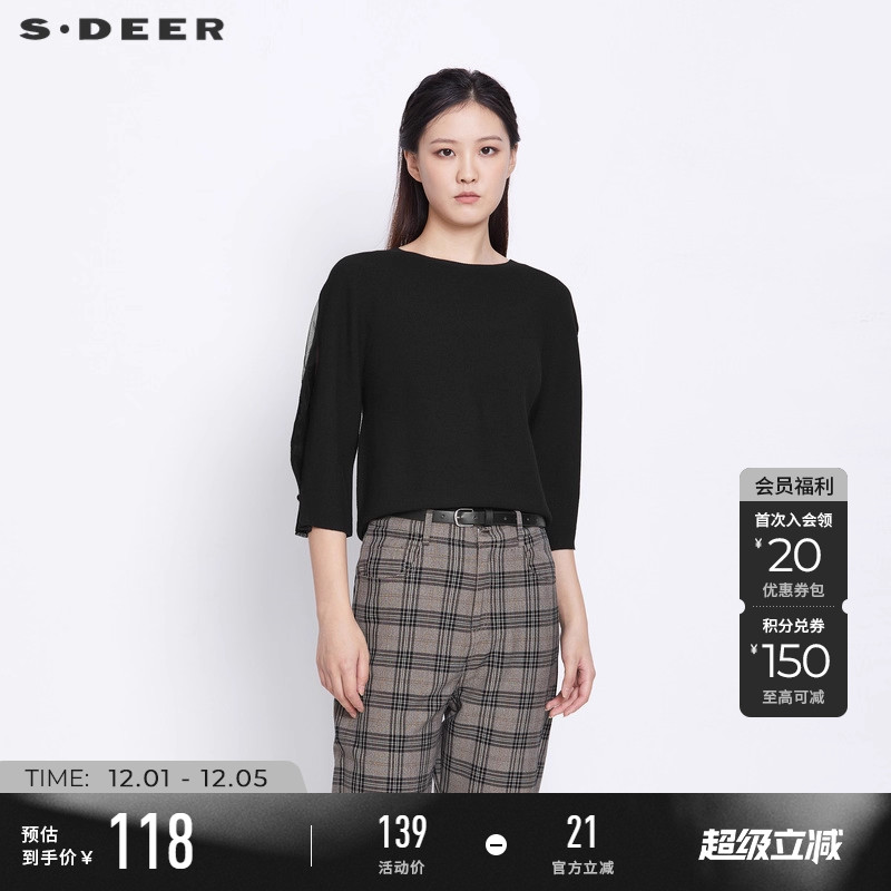 s.deer优雅圆领网纱中袖毛衣