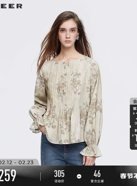 sdeer圣迪奥女装春秋装复古圆领风琴褶印花宽松衬衫S253Z0585