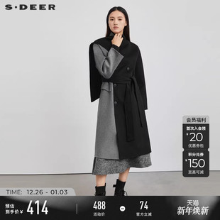 大衣S223Z2505 不规则领撞色收腰毛呢长款 sdeer圣迪奥女装 秋装
