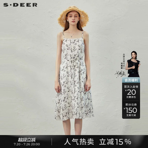 sdeer圣迪奥夏季女装淡人穿搭小清新印花收腰吊带连衣裙S232Z12DM