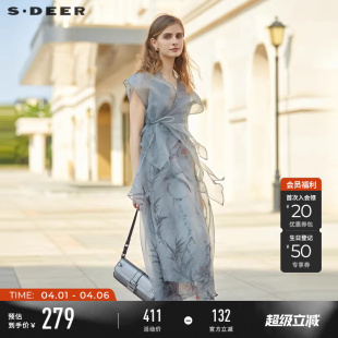sdeer圣迪奥夏季 V领收腰欧根纱印花两件套连衣裙S232Z12Y9 女装