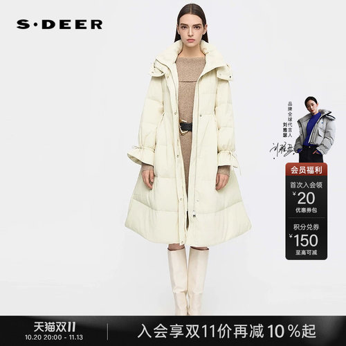 sdeer高领连帽收腰长款羽绒服