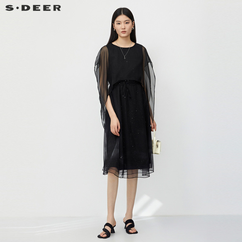 sdeer圣迪奥女装圆领收腰网纱雪纺连衣裙s23261217