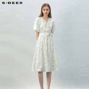 连衣裙S232Z12QP 新中式 sdeer圣迪奥女装 V领系带绣花泡泡袖