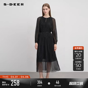 法式 复古圆领收腰网纱连衣裙S243Z1217 女装 sdeer圣迪奥春秋装