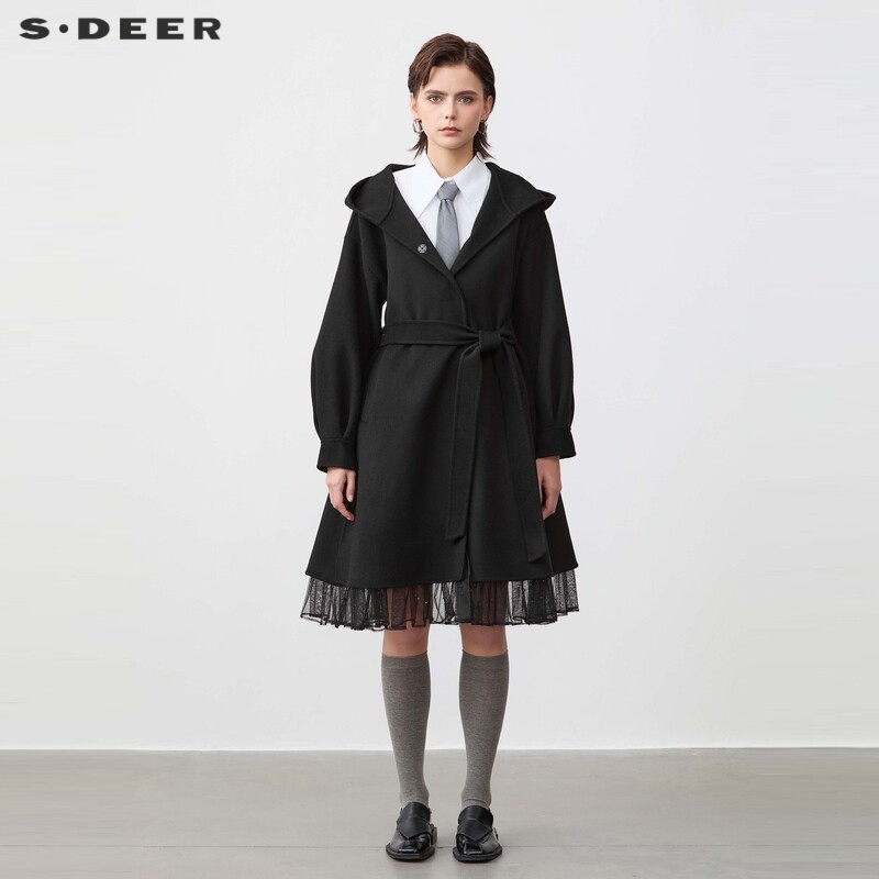 s.deer收腰网纱毛呢长款大衣