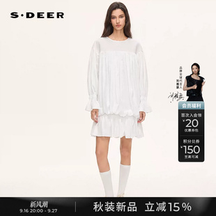 sdeer圣迪奥女装2026秋季新款田园风圆领拼接不规则长袖连衣裙