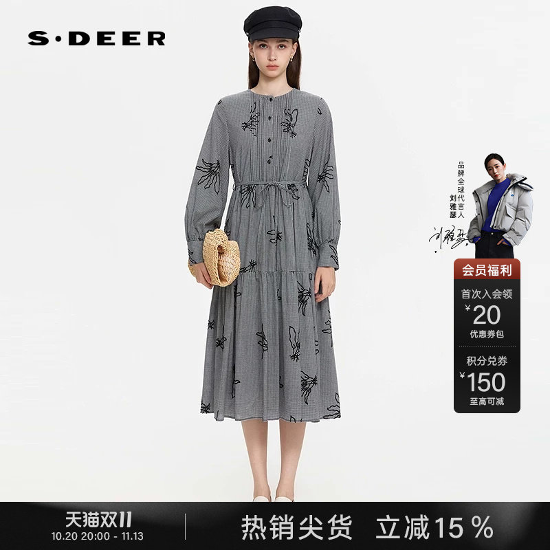sdeer圣迪奥女装秋装复古圆领绣花网纱格纹连衣裙S253Z1270