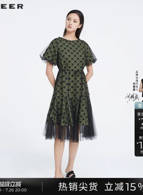 sdeer圣迪奥夏季女碎花连衣裙圆领收腰网纱泡泡袖裙子S223Z1278