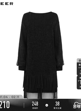 sdeer圣迪奥春秋装女装复古圆领网纱拼接丝绒连衣裙S241Z1237