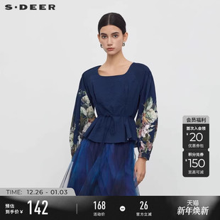S233Z0520 复古方领印花收腰压褶衬衫 sdeer圣迪奥秋装 女装