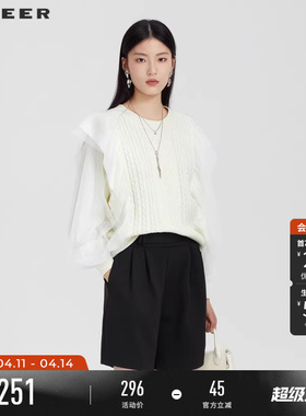 sdeer圣迪奥春装女装罗纹圆领钩花灯笼袖针织衫S231Z3518