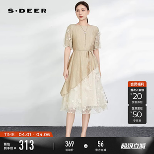sdeer圣迪奥女装 连衣裙S242Z12A5 圆领肌理收腰网纱短袖