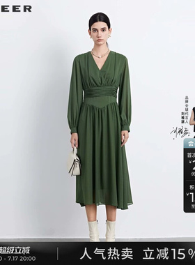 sdeer圣迪奥秋装女装V领压褶垂坠雪纺长袖连衣裙S233Z12P8