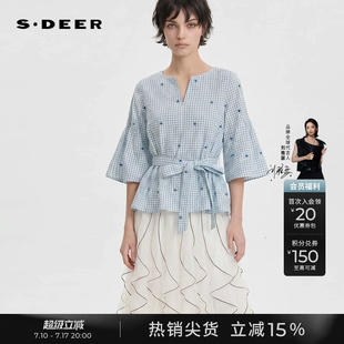 sdeer圣迪奥女装夏季文艺V领绣花格子收腰喇叭袖衬衫S252Z0422