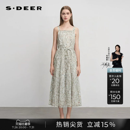 s.deer印花网纱吊带连衣裙