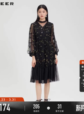 sdeer圣迪奥女装V领网纱绣花网纱泡泡袖连衣裙S231Z12E9
