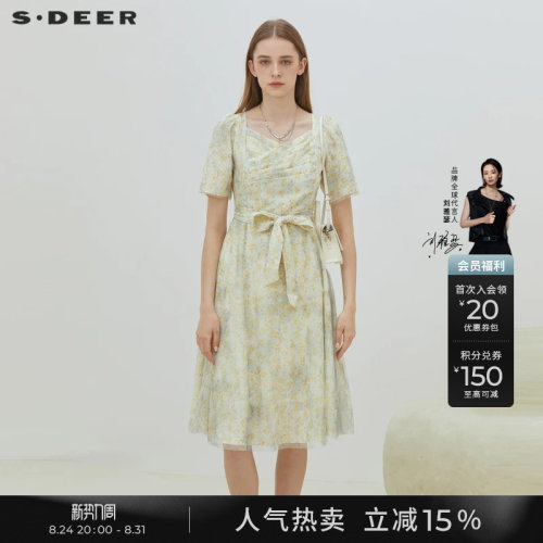 s.deer网纱收腰泡泡袖小碎花裙