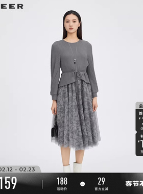 sdeer圣迪奥春秋装女装圆领收腰印花网纱长袖连衣裙S223Z129N