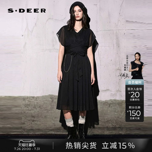 s.deer拼接收腰雪纺短袖连衣裙