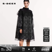 sdeer圣迪奥冬装 女装 半高领网纱抽褶印花连衣裙S244Z12A4