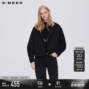 sdeer圣迪奥女装25年新品OL风西装领抽褶双面呢短款外套S254Z2603