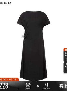 sdeer圣迪奥夏季女装圆领抽褶不规则短袖连衣裙S242Z12K8