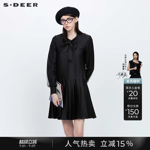 sdeer圣迪奥春秋装女装系带网纱百褶衬衫连衣裙S231Z1282