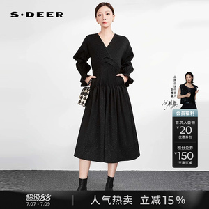sdeer圣迪奥秋装女装V领风琴褶拼接长袖连衣裙S233Z12V4