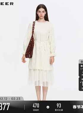 sdeer圣迪奥女装春秋装圆领绣花网纱收腰长袖连衣裙S253Z1260