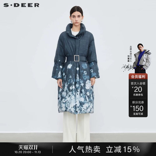 s.deer印花收腰长款羽绒服