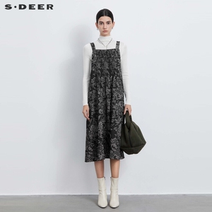 sdeer圣迪奥春秋装女装时尚风琴褶印花背带连衣裙S233Z12R6