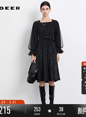sdeer圣迪奥春秋装女装方领碎褶收腰网纱肌理连衣裙S233Z12V6