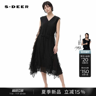 sdeer圣迪奥26夏季新款复古V领褶皱网纱黑色无袖连衣裙S262Z1252