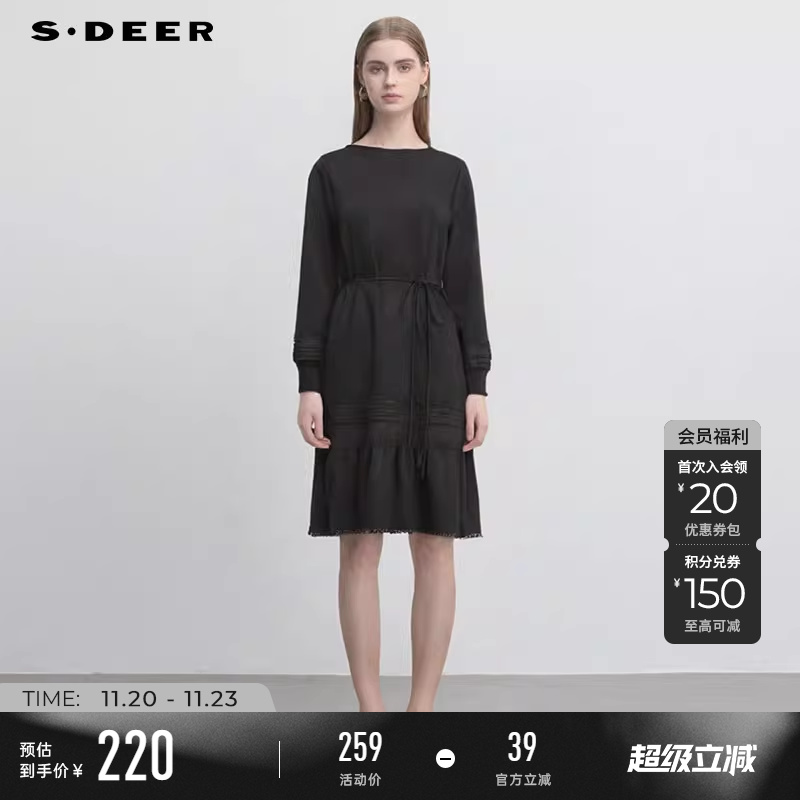 s.deer收腰压褶不规则连衣裙