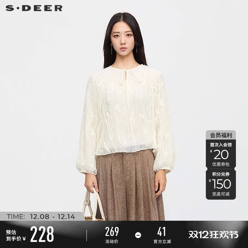 sdeer系带圆领绣花插肩袖上衣