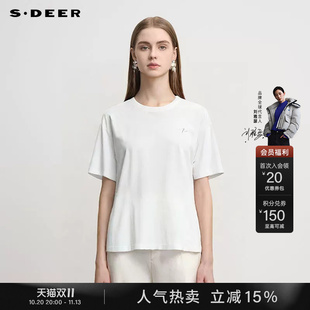 sdeer圣迪奥夏装女装时尚圆领胸针压褶短袖白色T恤S25280161