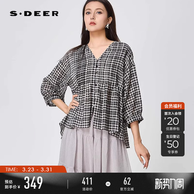 sdeer清新V领棋盘格长袖上衣