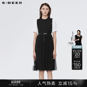 sdeer圣迪奥连衣裙女夏装撞色拼接黑色网纱收腰百褶裙S22281232
