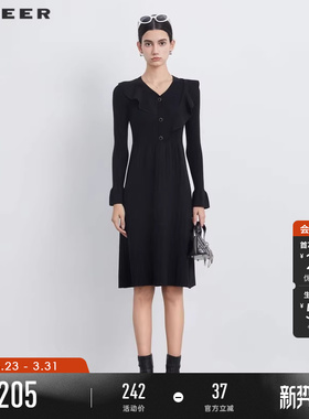 sdeer圣迪奥春秋装女装V领荷叶边拼接针织连衣裙S233Z12K9