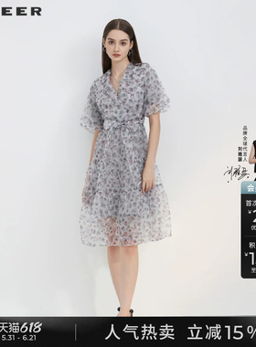 sdeer圣迪奥碎花连衣裙夏季女长裙V领收腰泡泡袖茶歇裙S223Z120E