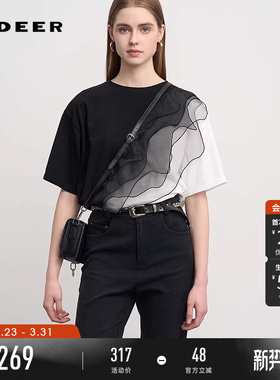 【流动金属】sdeer圣迪奥新品女欧根纱撞色拼接短袖T恤S252Z0102