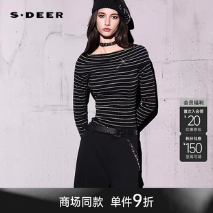【商场同款】sdeer圣迪奥一字领胸针撞色条纹修身针织衫S26183510