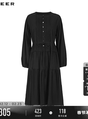 sdeer圣迪奥春秋装女装圆领风琴褶收腰镂空花边连衣裙S243Z1292